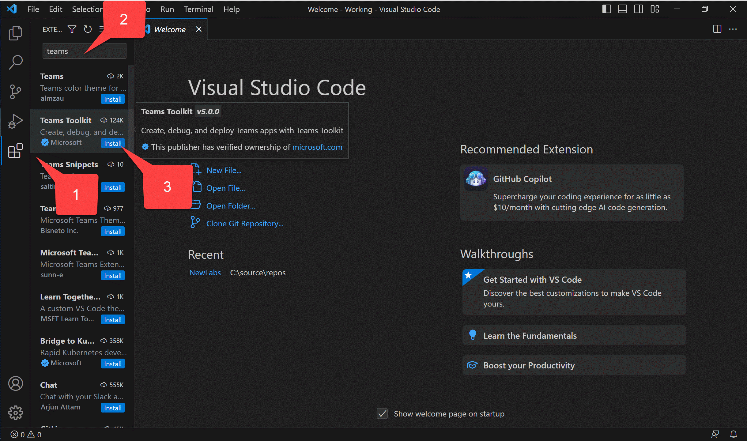 Installing Teams Toolkit in Visual Studio code
